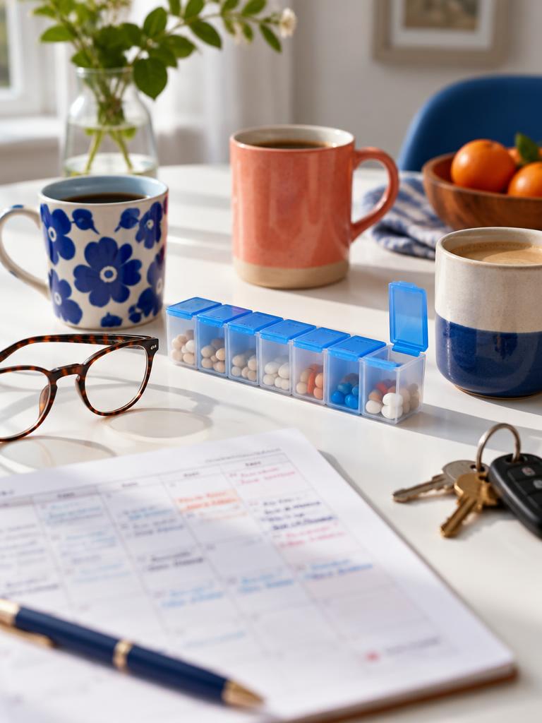 A pill organiser, calendar, mugs and keys on a kitchen table